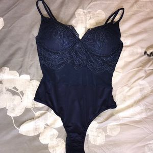 Navy Blue Lace Mesh Bodysuit